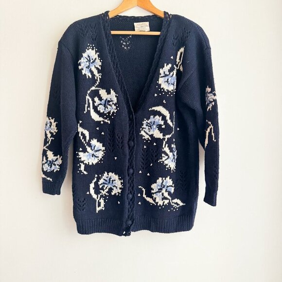 Vintage Susan Bristol Navy Blue Floral Beaded Cardigan M - Picture 4 of 9